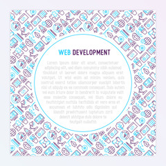 Web development concept with thin line icons of programming, graphic design, mobile app, strategy, artificial intelligence, optimization, analytics. Vector illustration for banner, web page.