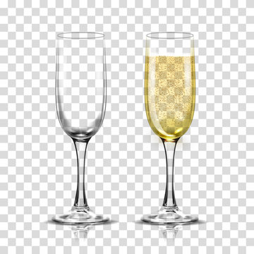 Realistic vector illustration set of transparent champagne glasses with sparkling white wine and empty glass.