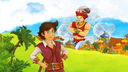 Obraz na płótnie Canvas cartoon scene with rich king looking on giant near the castle - illustration for children