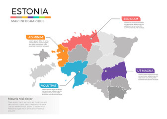 Estonia map infographics vector template with regions and pointer marks