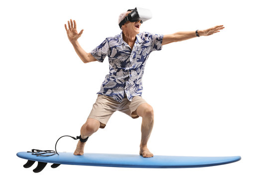 Senior using a VR headset and surfing