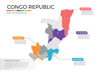 Congo republic map infographics vector template with regions and pointer marks