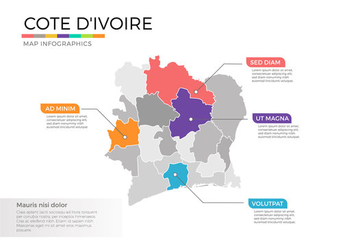 Cote d'Ivoire map infographics vector template with regions and pointer marks