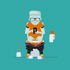 Halloween greeting card. Frankenstein hipster sits on  toilet bowl with phone in hands.   Stock vector illustration