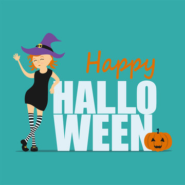 Halloween greeting card. Witch and inscription Happy Halloween. Vector illustration