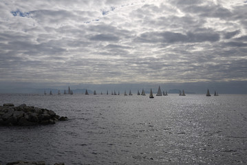 Naples, Italy - December 13, 2014: Boats sailing in the gulf of Naples