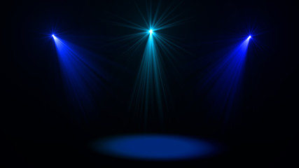 Stage lights. Several projectors in the dark. Purple spotlight strike through the darkness