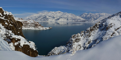 Winter lake in the mountains of Uzbekistan.Beautiful landscape.