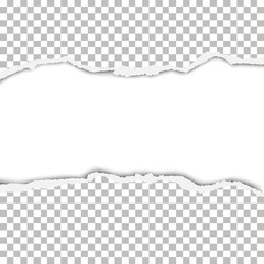 Vector snatched strip from transparent paper sheet with torn edges and white background. Template paper design.