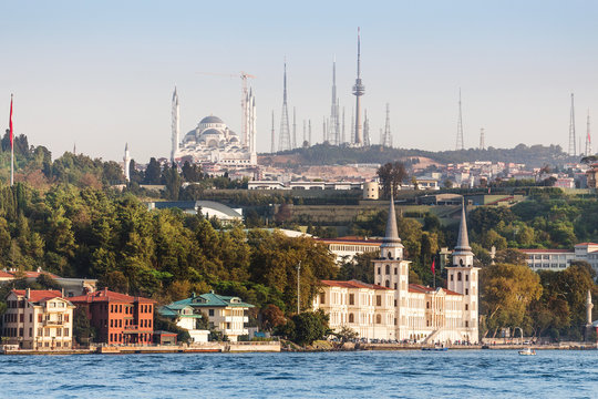 Construction of Camlica mosque, the biggest in Turkey, view from Bosphorus Strait of the sea