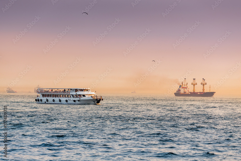 Wall mural Ferry boat and Cargo Ship far away, sea and water transport concept