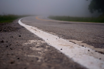 A low perspective of a country road in Pennsylvania in the early morning fog