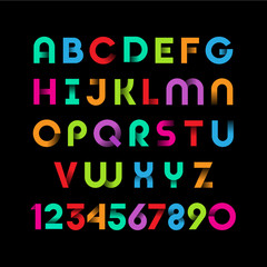 Alphabet. Colorful letters with shadows. Letters of the tapes. Logos.