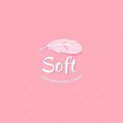 Soft logo for baby diapers. Children's clothing or linens. Feather and logo on a pink background.