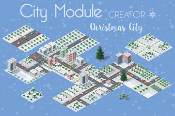 A set of winter Christmas urban quarter modules for the construction of a large isometric metropolis city