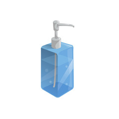 Trendy cartoon style liquid soap transparent blue bottle with dispenser and bubbles. Every day hygiene and health care vector illustration.