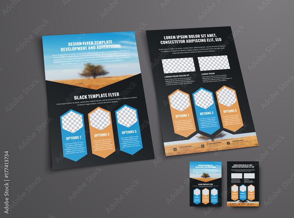 Poster brochure template with a place for photos in the form of arrows and hexagons