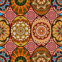 Seamless pattern tile with mandalas. Vintage decorative elements. Hand drawn background. Islam, Arabic, Indian, ottoman motifs. Perfect for printing on fabric or paper.