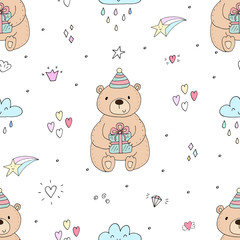 Cute seamless pattern with funny teddy bear. vector illustration