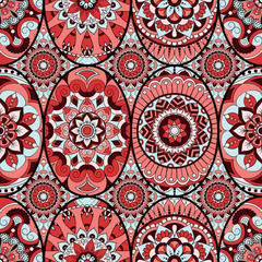 Naklejka premium Seamless pattern tile with mandalas. Vintage decorative elements. Hand drawn background. Islam, Arabic, Indian, ottoman motifs. Perfect for printing on fabric or paper.