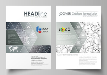 Business templates for brochure, flyer, report. Cover design template, vector layout in A4 size. Chemistry pattern, molecular texture, polygonal molecule structure, cell. Medicine microbiology concept