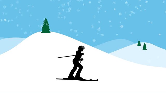 Winter landscape with skiers. Animation of holiday fun and activity.