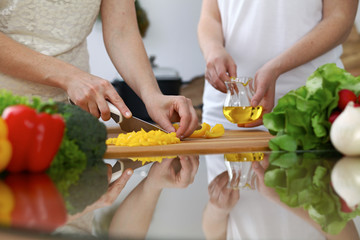 Close-up of  human hands  cooking in a kitchen. Friends having fun while preparing fresh salad. Vegetarian, healthy meal and friendship concept