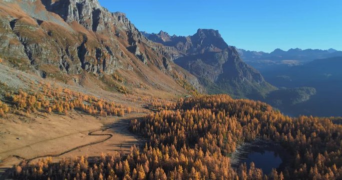 backward aerial over alpine mountain valley lake and orange larch forest woods in sunny autumn.Alps outdoor colorful nature scape mountains wild fall establisher.4k drone flight establishing shot