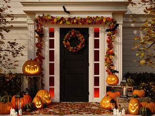 Naklejka premium halloween decorated house with pumpkins. 3d rendering