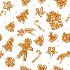 CHRISTMAS GINGERBREAD COOKIES. TRENDY HOLIDAY HOMEMADE DECORATION DESIGN. SEAMLESS VECTOR PATTERN ON WHITE BACKGROUND