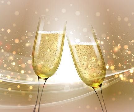 Glasses of champagne on bright background with bokeh effect. Vector illustration