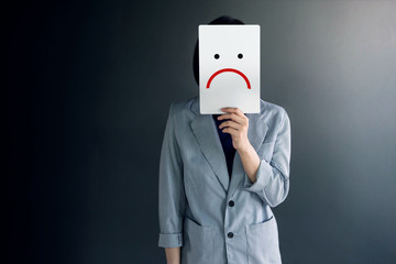 Customer Experience Concept, Portrait of Client with Feeling Disappointed Face, Drawn Emotion on...
