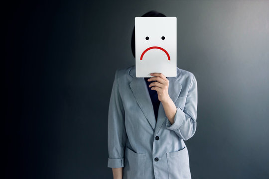 Customer Experience Concept, Portrait of Client with Feeling Disappointed Face, Drawn Emotion on Paper