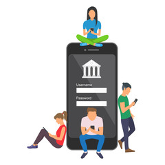 Mobile banking concept illustration of people using app for money transfering and online banking