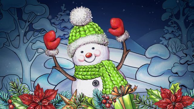 dancing cartoon snowman, winter landscape, Christmas greeting card, watercolor illustration