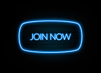 Join Now  - colorful Neon Sign on brickwall