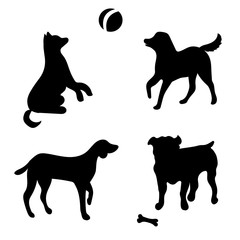 A set of dog isolated. Black silhouette of a dog on a white background. Collection of black icons of dogs. Vector illustration.