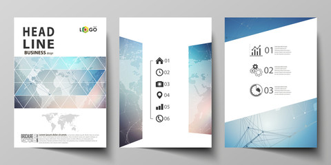 Vector illustration of editable layout of three A4 format modern covers design templates for brochure, magazine, flyer, booklet. Polygonal geometric linear texture. Global network, dig data concept.