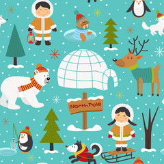 seamless pattern with Eskimos and arctic animals - vector illustration, eps

