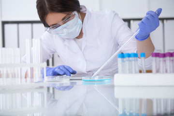Fototapeta premium Close-up of professional female scientist in protective eyeglasses making experiment with reagents in laboratory. Medicine and research concept