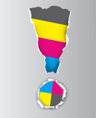 Exclamation mark with print colors.
Exclamation mark with ripped paper and print colors. Concept for presenting of color printing. Vector available.