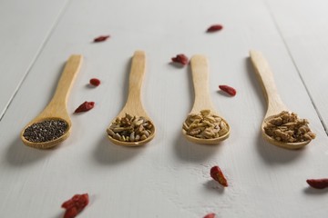 Various breakfast cereals in wooden spoon