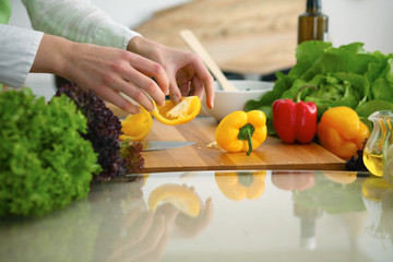 Closeup of human hands cooking vegetables salad in kitchen on the glass  table with reflection