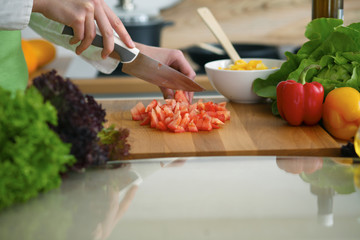Closeup of human hands cooking vegetables salad in kitchen on the glass  table with reflection