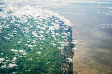 aerial view Myanmar landscape from the airplane, cloud, land, river, architecture