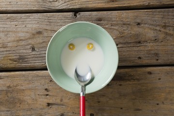Cereal rings forming smiley face in the bowl of milk