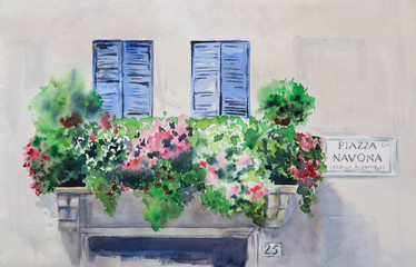 Fototapeta na wymiar Italian window and balcony facade with flowers front view watercolor painting