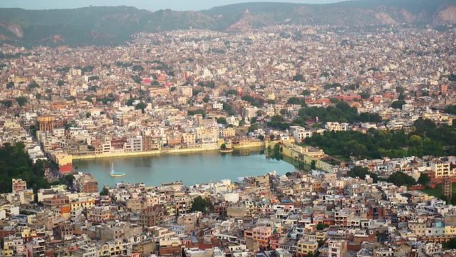 Jaipur city shot from the Nahargarh fort, show the famous govind dev temple and lake, the old walled city and many more of the famous easily identifiable landmarks