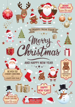 Christmas and new year elements - Icons, characters, labels, lettering