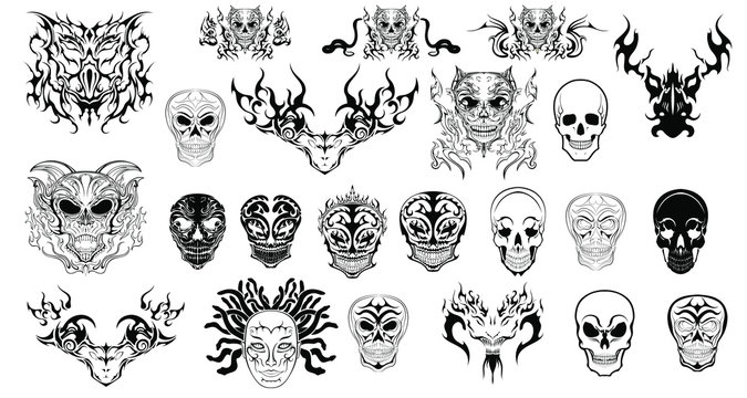 abstract skulls logos tattoos set